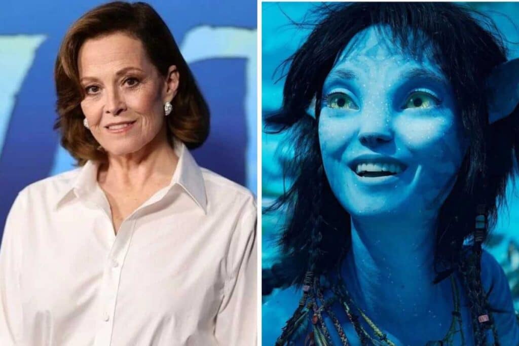 fotomontagem sigourney weaver em pre estreia avatar o caminho da agua e kiri em cena do filme