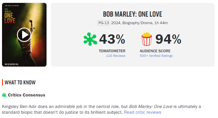 Bob Marley One Love Rotten Tomatoes