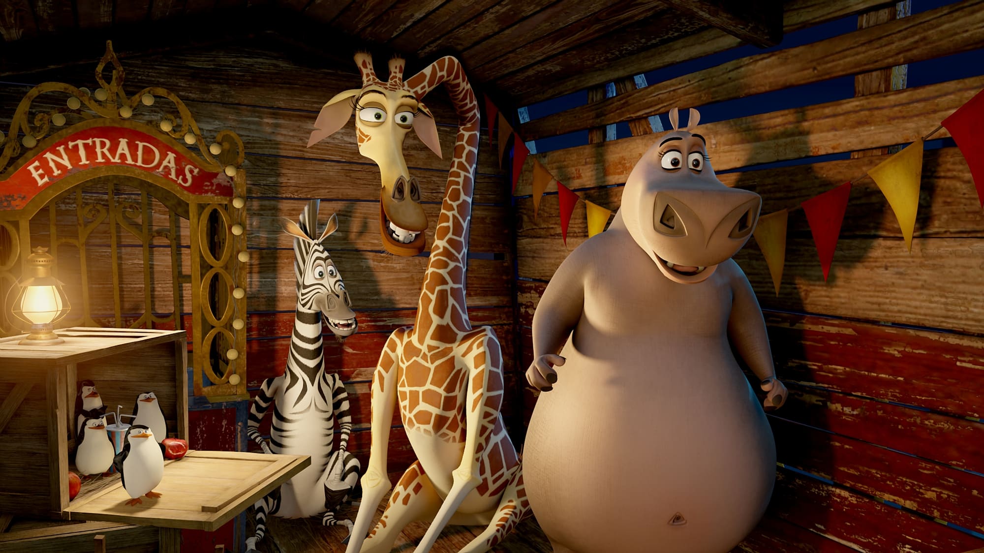Left to right: The Penguins, Marty the Zebra (Chris Rock), Melman the Giraffe (David Schwimmer) and Gloria the Hippo (Jada Pinkett Smith) join the circus in DreamWorks Animation's MADAGASCAR 3:  EUROPE'S MOST WANTED, to be released by Paramount Pictures.
MAD3-017