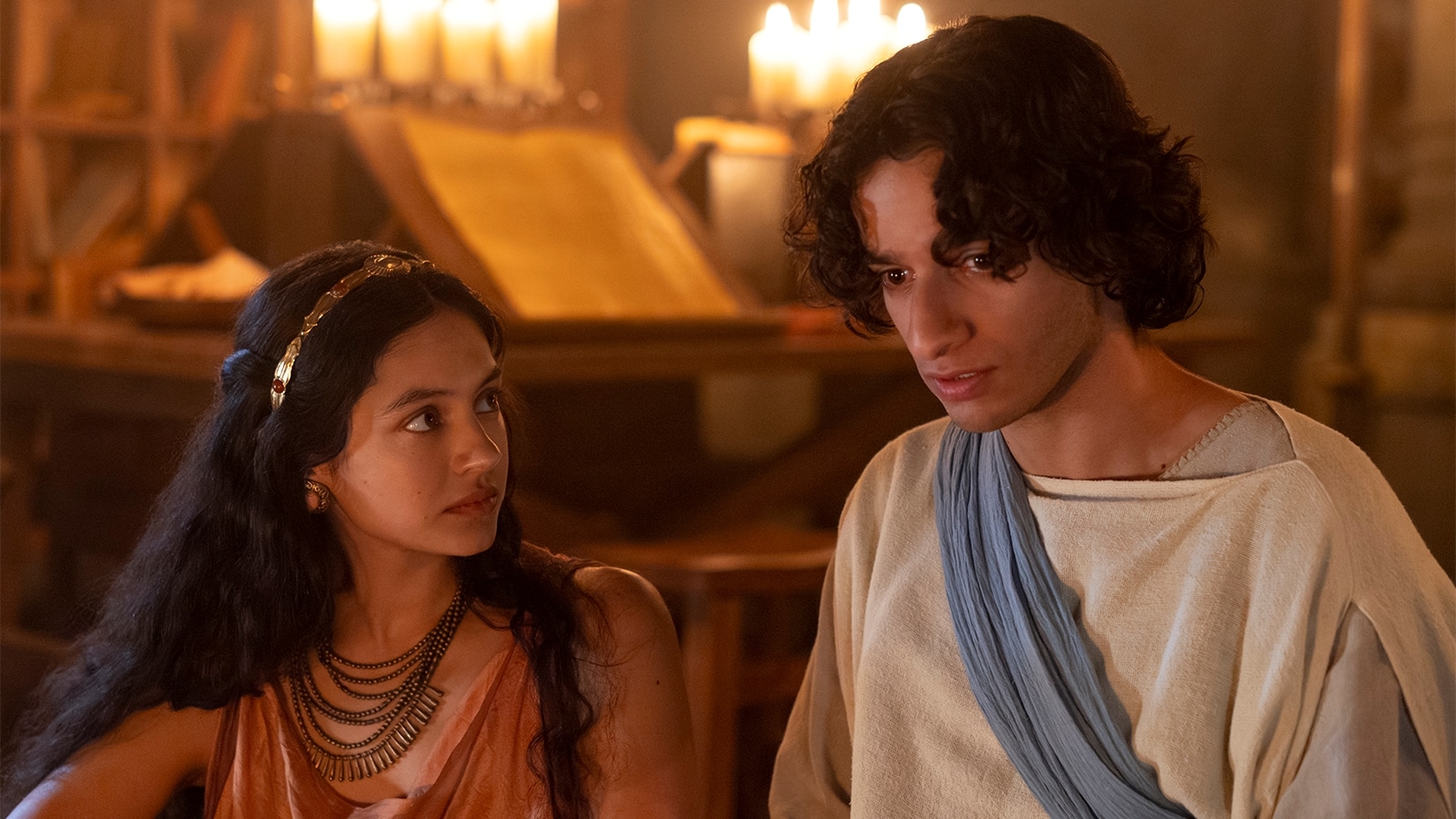 Princess Mychal (Indy Lewis) and David (Michael Iskander) in HOUSE OF DAVID S1 Photo Credit: Nikos Nikolopoulos/Prime © Amazon Content Services LLC